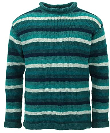 LOUDelephant Jersey de lana de punto hecho a mano hecho a mano en Nepal, unisex, talla S - XXL, Rayas verde azulado, L