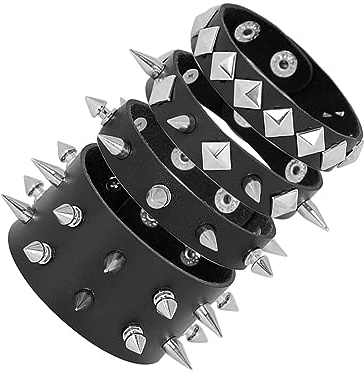 Manfnne 4Pz Punk Rock Set di Bracciale con Rivetto Chiodo Perline Uomo Donna Polsino Retro vintage Pelle PU Accessorio motociclista