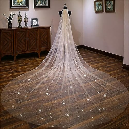 LXURY Brautschleier Mit Kamm Bodenlangen Schleier Hochzeit Kathedrale Zubehör Bridal Romantische Haarschleier Weicher Brautschleier Mit Pailletten,Champagne