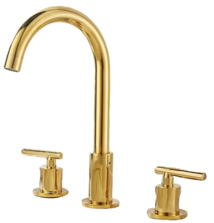 Badezimmer Armatur Goldener Dreiloch-Waschtischhahn Heißes Und Kaltes Geteiltes Waschbecken Badezimmerschrank Badezimmer Ganz Aus Kupfer Goldene Große Kurve