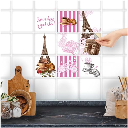 FoLIESEN Fliesenaufkleber für Bad, Küche, Badezimmer - Fliesen-Folie selbstklebend - Deko-Aufkleber - Paris, .:10x10 cm - 9-tlg.