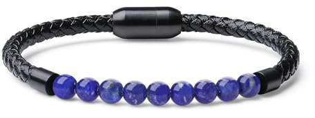 COAI Herren Schwarz Armband aus echtem Leder mit Lapislazuliperlen L