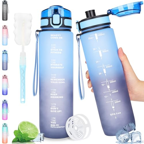 ADVIGO Trinkflasche Sport 1L, BPA Frei Wasserflasche Auslaufsicher Trinkflaschen, Motivierende Sportflasche 1 Liter mit Zeitmarkierung für Schule, Gym, Uni, Outdoor (Hellblau Dunkelblau)