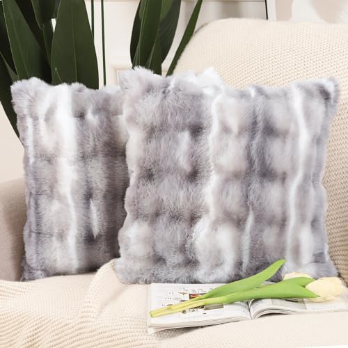 Madizz 2er Set Sanft Plüsch Kurze Wolle Samt Dekorativ Zierkissenbezüge Luxus Stil Kissenbezug für Sofa für Schlafzimmer Weiß Grau 50x50 cm
