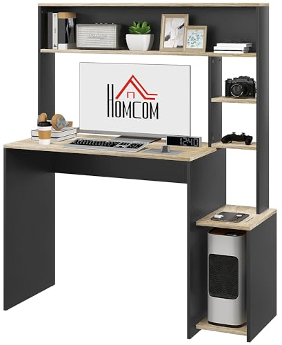 HOMCOM Scrivania per Ufficio e Studio con 3 Ripiani, Scrivania in Legno con Supporto per CPU, 114x45x138cm, Grigio e Legno Naturale