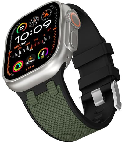 RoYiio Cinturino Silicone Compatibile con Apple Watch Series 10 46mm Cinturini SE 2 44mm Ultra 2 49mm Cinturino Sportivo per Series 9 8 7 45mm Series 6 5 4 44mm Series 3 2 1 42mm - Nero/Verde Militare