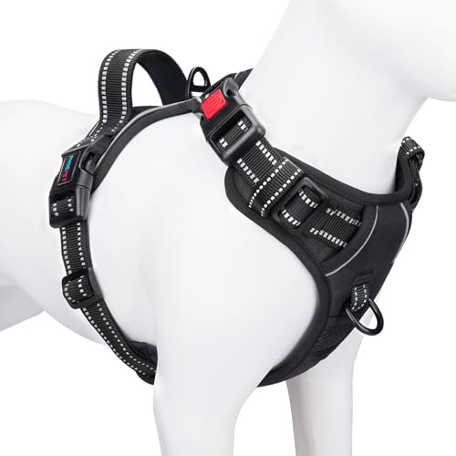 PHOEPET Hundegeschirr Kleine Hunde, Anti Zug, Einfach Anzulegen,Schwarz,S | No Pull,Verstellbar, mit Griff，3 Schnellverschluss-Schnallen,2 D-Ringe,Reflektierend,Atmungsaktive Polsterung