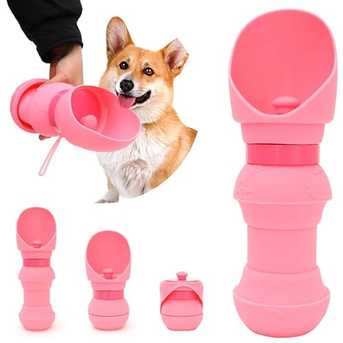 Hundetrinkflasche für unterwegs 550ml, Leichtes Gewicht Auslaufsicher Tragbar Zusammenklappbar, Tragbare Haustier Wasserflasche, Hunde Wasserspender Reise Zubehör für Wandern und Campen. (Rosa)