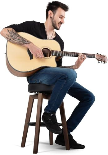 Classic Cantabile Pub-Hocker - Niedriger Barhocker für Gitarristen - Gitarrenhocker mit Fußstütze - Runde, drehbare Sitzfläche aus Kunstleder - Sitzhöhe: 63 cm - Vier Beine aus Holz - dunkel gebeizt