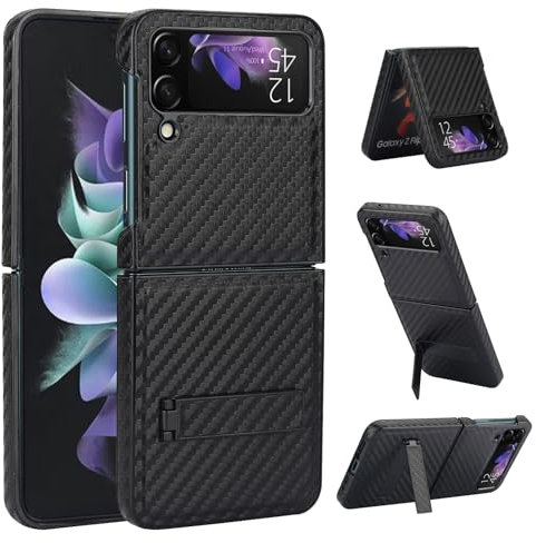 Asuwish Phone Case for Samsung Galaxy Z Flip 3 5G 2021 Cover and Kickstand Stand Slim Hard Hybrid Rugged Cell Accessories Silicone Protective ZFlip3 Z3 Flip3 3Z ZFlip35G Women Men Carbon Fiber Black