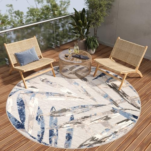 TAPISO Patio Rund Teppich Indoor Outdoor Grau Blau Creme Blätter Sisal Optik Strapazierfähig Flachgewebe Terrasse Wohnzimmer Balkon ÖKO-TEX 120 x 120 cm