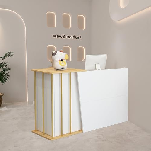 HGTRH Empfangstresen Kosmetik, Rezeptionstheke 140cm, Empfangstheke Salon Kosmetikstudio 120cm Weiss Gold, Office Reception Stations mit AbschließBaren Schubladen Hotelrezeptionen, SchöNheitssalon