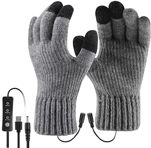 Bestcool USB Heated Gloves, Unisex Winter Hand Warm Gloves Washable Touchscreen Gloves Adjustable Temperature Heating Mittens Knitting Wool Laptop Gloves Winter Gift for Men Women Christmas(Grey)