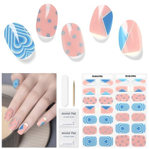 Semi Cured Gel Nail Strips, 28 Pcs UV Lamp Compatible, Long Lasting Salon Quality Gel Nail Wraps - Easy to Apply (Love Blue) for Valentine's Day