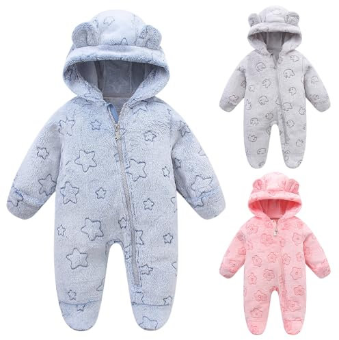 Fnaobai Tuta invernale neonato Bambino ragazza ragazzo Orecchio di orso Pagliaccetto in pile con cappuccio Neonato Footie Jumpsuit Outwear Cappotti (Blu, 70CM(6-9M))
