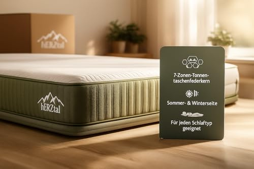 hERZtal 7-Zonen Taschenfederkernmatratze 180x200 cm – 18 cm hoch, All in One, punktelastisch & atmungsaktiv, Sommer-/Winterseite, Bezug abnehmbar & 60 °C waschbar, Zertifiziert