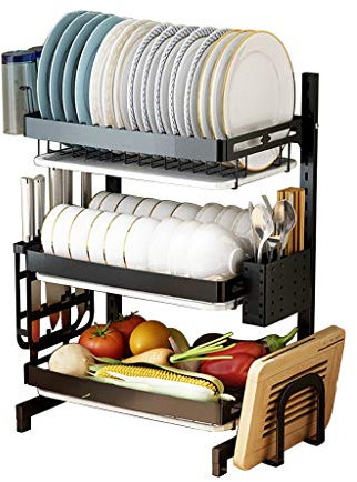 Escurridor de platos de acero inoxidable de 3 niveles con soporte para cuchillos y altura ajustable, color negro