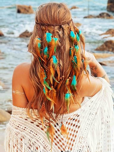 Fashband Boho-Feder-Stirnband, indische Quaste, Hippie-Stammes-Kopfschmuck, Festival-Kostüm, Haarschmuck für Damen (Blau, Einheitsgröße)