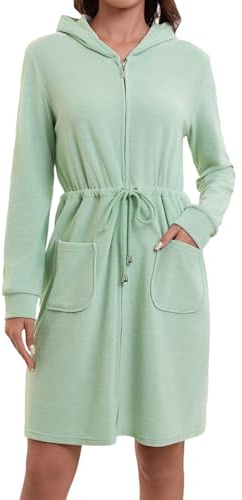Mnamo Eleganter Damen Bademantel mit Kapuze und Reißverschluss aus Frottee | Kurz und Leicht.Taschen und Bindegürtel. Geschenk. Für Sauna,Schwimmen und Zuhause.Ganzjährig.