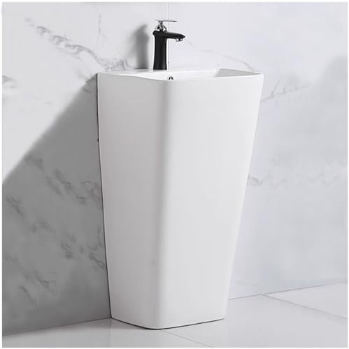 Ceramic One Piece Pedestal Sink, Pedestal Bathroom Sink with Overflow, Rectangle Pedestal Sink in Glossy White China Washbasin (With Faucet)