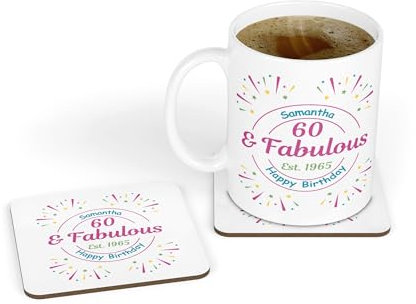 Personalised 60 Fabulous Established 1965 60th Birthday White Ceramic Tea & Coffee Mug & Coaster Gift Set for Daughter|Sister|Friend|Her|Ladies|Women|Mum|Nan|Nanny|Grandma