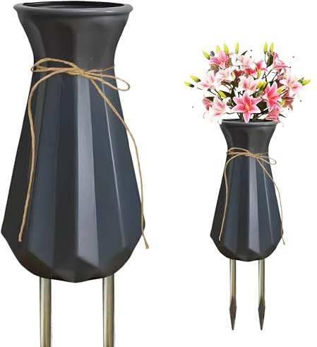 Friedhofsvase mit Metallspikes, Kunststoff-Grabvasen, Grabblumenhalter für Friedhof, Grabsteine, Blumenhalter für den Außenbereich, Grabsteinmarkierungen, Verlust von Lieben, Gedenkgeschenke (grau)