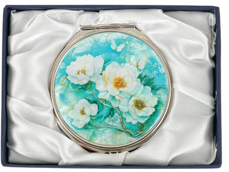 February Mountain Elegant Butterfly and Floral Mother of Pearl Compact Mirror, Dual Magnification (1X & 2.5X) – Lightweight Travel Makeup Mirror in Gift Box (Skyblue Peony)