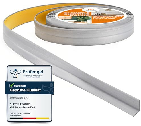 Quest Plinthe Souple Adhésive - 10 mm x 10 mm - 5 mètres - Moulure de finition pour cuisine salle de bain - Ruban d'étanchéité PVC - Flexible Etanche (Argent, 5 mètres)
