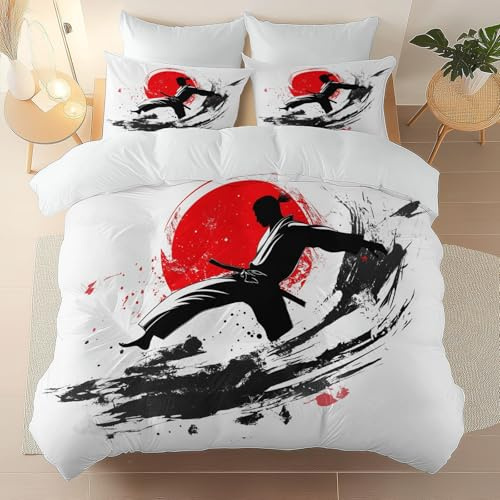 Bettwäsche Set Schwarz Rot Bedruckte Bettbezug, Sport Kampfsport Silhouette Bedruckte Bettwäsche Set 135 x 200 cm, Pflegeleicht 2 teiliges Gebürstete Mikrofaser Reißverschluss