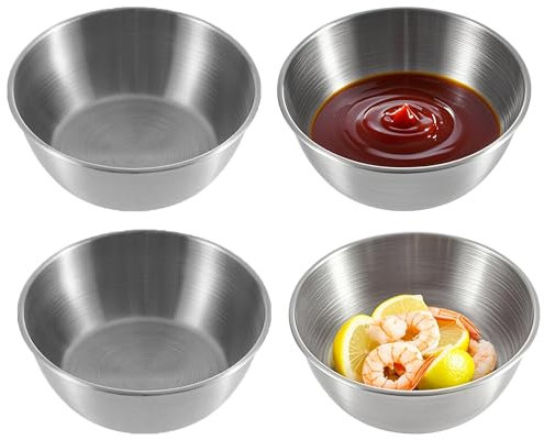 duoyif Dipschalen 11cm 4Stück Silber Snackschale, Edelstahl Kleine Schüsseln, Dessertschale Gewürzschalen Servierschale, Kleine Runde Flache Schalen Für Saucen Snacks Gewürze Sushi (Silber, 11x3.5cm)