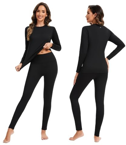 AMZSPORT Damen Thermounterwäsche Set, Atmungsaktive Funktionswäsche mit Innenfleece für Ski & Winter, Langarm Oberteil & Warme Unterwäsche Schwarz XXL