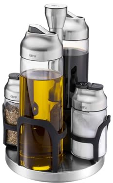 GEFU KIPPO Menage 5tlg - Essig-Öl-Set & Gewürzstreuer aus Glas & Edelstahl | Drehkarussell mit 2 Dosierern und 2 Streuern, Borosilikatglas, Tropfschutz-Wippdeckel und luftdichtem Aromaschutz