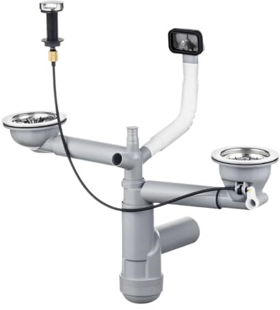 LAXARA Flexlok mit Exzenterbedienung & Spülbeckenauslass Ø 114 mm Siebkorbventil | Ablaufgarnitur mit Drehknopf | Siphon Spüle platzsparend | Edelstahloptik | (2 Becken eckig ohne Ablaufrohr)