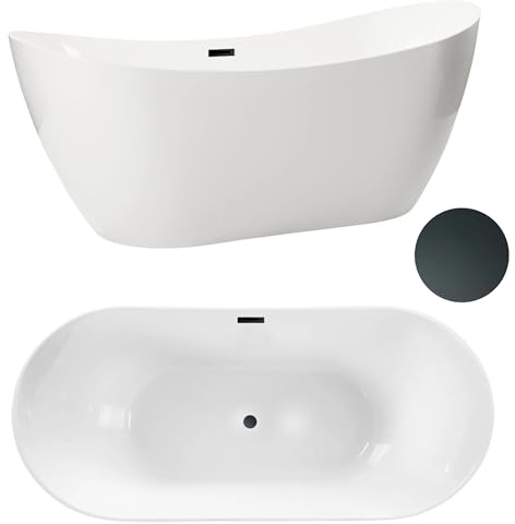 AQUAUNO Freistehende Badewanne 170 x 72 cm aus hochwertigem Sanitäracryl – weiße Acrylbadewanne mit Klick-Klack-Ablauf, Überlauf und Ablaufgarnitur in Schwarz