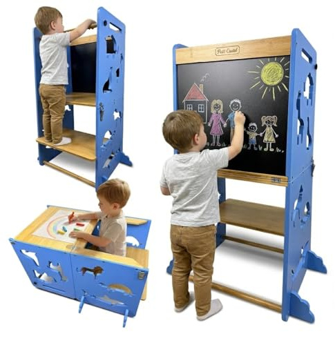PETIT CASTEL Torre de Aprendizaje Montessori 3 en 1 para niños, Fabricada en bambú Natural, Convertible en un práctico Escritorio con Pizarra, Muy Segura y educativa, en Color Azul