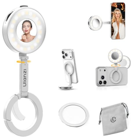 ULANZI ML05 Magnetische Selfie Licht für iPhone, Dual Magnet LED Ringlicht mit Spiegel, 9000K CRI≥97, Weitwinkel-Beleuchtung, Handy-Licht ideal für Reise-Vlogs, Foto- und Videoaufnahmen