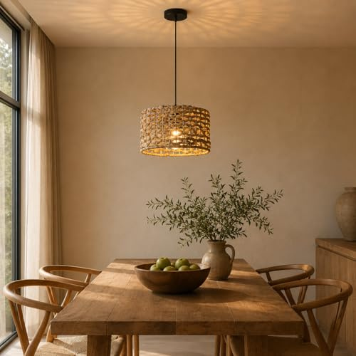 Alpinaluz Lámpara Colgante de Ratán Natural Ø28 cm, Pantalla Tejida a Mano Estilo Rústico Boho, Casquillo E27 y Altura Regulable, para Salón, Comedor, Dormitorio e Interior