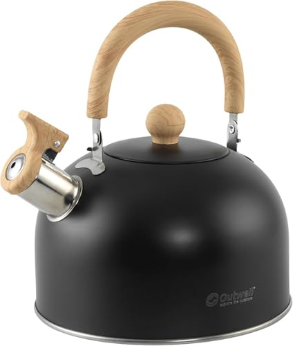 Outwell Tea Break Kettle Lux Camping Kettle – Stainless Steel, Whistling, Heat-Resistant Handle, Removable Lid, Compact Lightweight Outdoor Stove Kettle for Camping, Outdoor, Fishing (Lux Black, 2.2L)