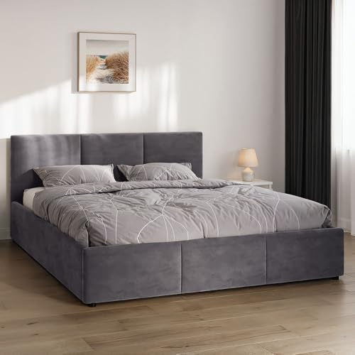 Jana NELA Polsterbett mit Bettkasten und Lattenrost, Doppelbett mit gepolstertem Kopfteil und Stauraum (Anthrazit Samt HLR21, 160 x 200 cm)