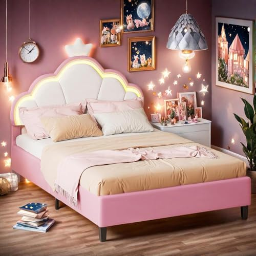 PRTECY Lit Enfant Rembourré 140x200 cm Lit de Princesse en Forme de Couronne avec LED lit Double capitonné avec sommier à Lattes et tête de Lits réglable Lits Rose(sans Matelas)(Rose D, 140 x 200 cm)