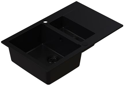 HOMEVELLO Spülbecken DIGNUM 1,5 Becken Granitspüle 79x49x20cm Schwarz, Hochwertige Küchenspüle mit Siphon, Abtropffläche, Pflegeleicht, Kratzfest, Moderne Design, Perfekt für jede Küche