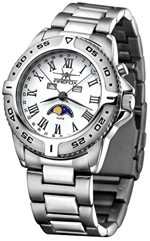 FIREFOX Mondphasenuhr FFS01-501b weiß/Gun Color massiv Edelstahl Damenuhr Herrenuhr Armbanduhr Sicherheitsfaltschließe 10 ATM wasserdicht Miyota 6P80 Kaliber