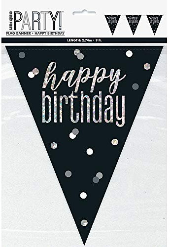 Dazzling Glitz Black & Silver Prismatic Happy Birthday Plastic Flag Banner (274cm) - Perfect for Party Decoration, Celebrations & More - 1 Pc