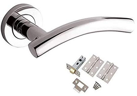 1 Set Door Handle Pack Internal C/w Latch Hinges Arched T-Bar Lever on Rose Furniture Polished Chrome - Golden Grace