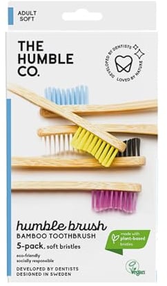The Humble Co. Bambus-Zahnbürsten (5er-Pack) Weiche borsten - Zahnbürsten für professionelle Mundpflege, Zahngesundheit und Zahnfleischpflege, BPA-frei