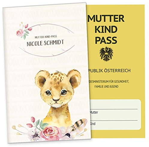OLGS Mutter-Kind-Passhülle Österreich Wildnis Löwe - Personalisierbare Schutzhülle, Geschenk für Schwangere, Hochwertige Aufbewahrung für MuKi-Pass