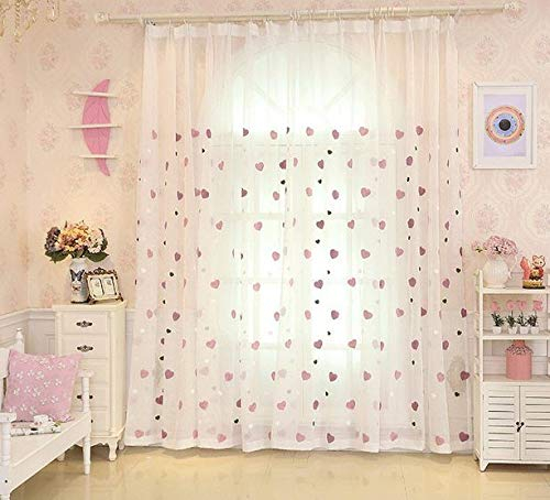 Lactraum Gardine Kinderzimmer Mädchen Rosa Bestickt Herz romatisch Voile mit Kräuselband 145 x 245 cm(B x H)