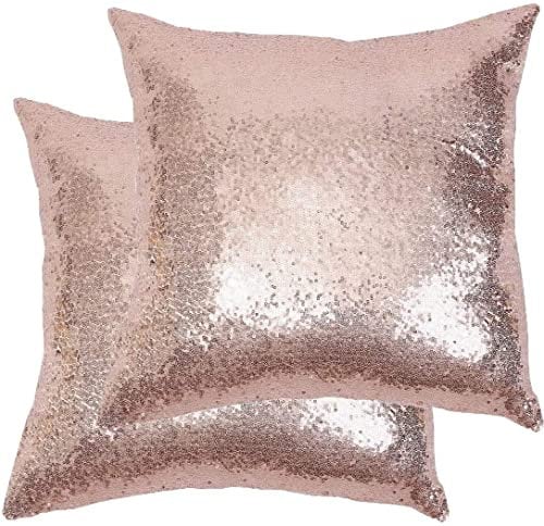 Eternal Beauty Rose Gold 2 PCS Square Sequin Cushion Covers 18x18, Sparkle Throw Pillow Case for Home Decor Party with Invisible Zipper (45cmx45cm)