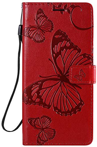 DENDICO Coque pour Xiaomi Redmi Note 9 Pro/Redmi Note 9S, Papillon Imprimé PU en Cuir Coque Magnétique Portefeuille TPU Étui Housse pour Xiaomi Redmi Note 9 Pro/Redmi Note 9S - Rouge