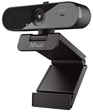 Trust Taxon Webcam 2K QHD (2560 x 1440), Dos Micrófonos Integrados, 30 FPS, Autofocus, Camara Web, Web CAM, para Streaming, Youtubers, Videoconferencia, Skype, Teams, Ordenador/PC/Mac/Macbook, Negro